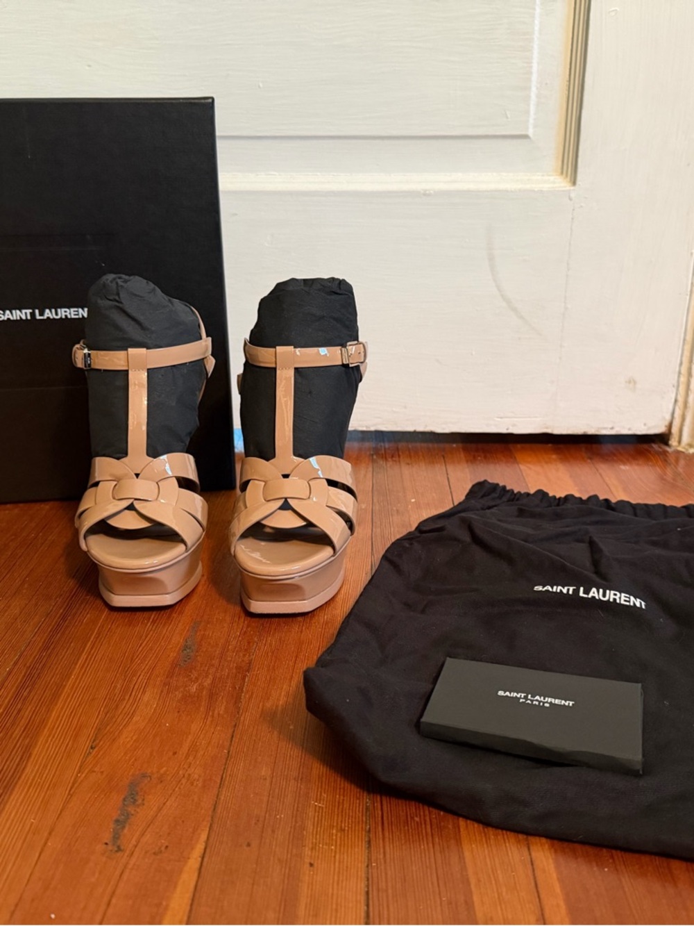 Saint Laurent Beige Patent Leather T-Strap Platform Sandals